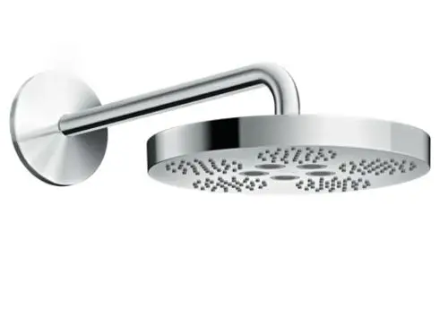 Kopfbrause von AXOR, runde Form mit mehreren Düsen zur Wasserabgabe, montiert an einem Chromarm, der an der Wand befestigt ist.